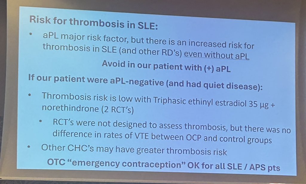 Cassy Sims, MD (@drcassysims) on Twitter photo Is there a risk of thrombosis with estrogen containing birth control in patients with #lupus? <a href="/RheumNow/">Dr. John Cush</a>
There is a baseline risk for thrombosis in all SLE patients (even without aPL)
🩸increased risk if aPL positive or active disease
🩸less risk if no aPL and quiet disease Is there a risk of thrombosis with estrogen containing birth control in patients with #lupus? <a href="/RheumNow/">Dr. John Cush</a>
There is a baseline risk for thrombosis in all SLE patients (even without aPL)
🩸increased risk if aPL positive or active disease
🩸less risk if no aPL and quiet disease