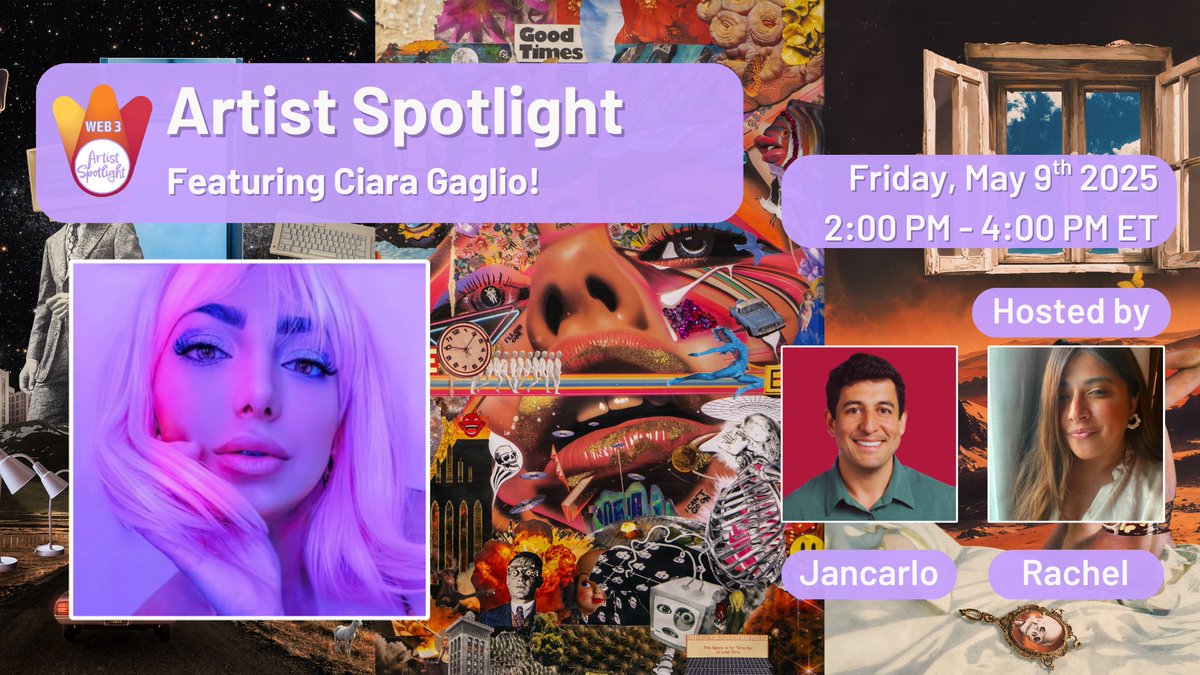 Jancarlo (@jancarlo316) on Twitter photo Gm fam! Happy Friday! ☀️☕️
Come join Rachel <a href="/TheArtRunway/">Rachel Raskino</a> and I today at 2pm ET today as we spotlight <a href="/MoonlightCiara/">moonlightmedia.eth</a> !
She is a talented multimedia artist, photographer, animator and storyteller from NYC, known for her stunning surrealist collage art
Set your reminders! 👇 Gm fam! Happy Friday! ☀️☕️
Come join Rachel <a href="/TheArtRunway/">Rachel Raskino</a> and I today at 2pm ET today as we spotlight <a href="/MoonlightCiara/">moonlightmedia.eth</a> !
She is a talented multimedia artist, photographer, animator and storyteller from NYC, known for her stunning surrealist collage art
Set your reminders! 👇
