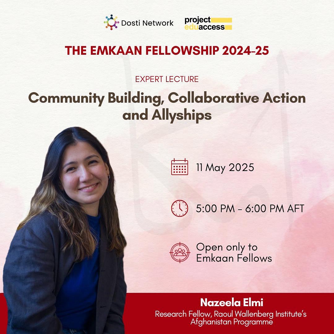 Project EduAccess (@projeduaccess) on Twitter photo We are pleased to organise a lecture on ‘Community Building, Collaborative Action & Allyships’ by Nazeela Elmi, as part of the Emkaan Fellowship.
<a href="/noonaleph/">Nazeela Elmi نازیلا علمی</a> is a human rights scholar specialising in conflict-affected regions, with a focus on gender, TJ & inclusive peace-building We are pleased to organise a lecture on ‘Community Building, Collaborative Action & Allyships’ by Nazeela Elmi, as part of the Emkaan Fellowship.
<a href="/noonaleph/">Nazeela Elmi نازیلا علمی</a> is a human rights scholar specialising in conflict-affected regions, with a focus on gender, TJ & inclusive peace-building