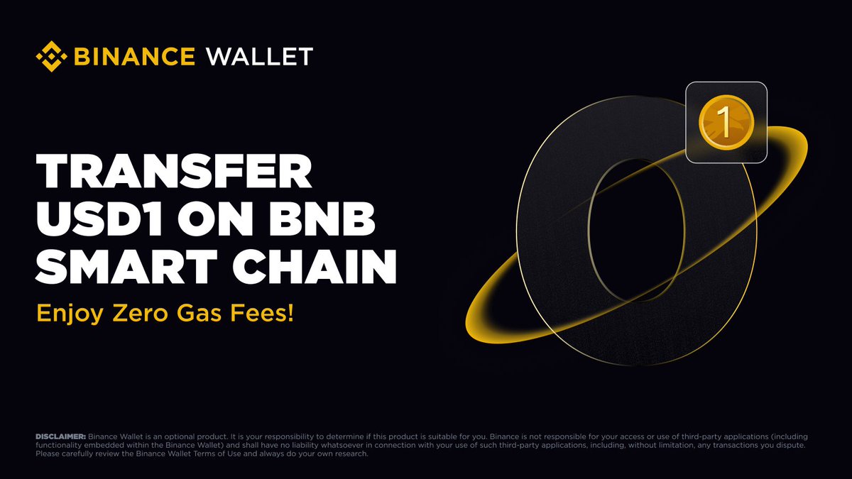 BinanceWallet's tweet image. Enjoy 0 gas fee when transferring USD1 on BNB Smart Chain! Enjoy 0 gas fee by @bnbchain till June 30, June 30, 23:59 UTC, 2025