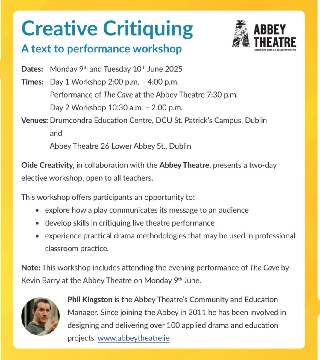 Oide Drama, Film and Theatre Studies (@oide_dfts) on Twitter photo Join us for Creative Critiquing a text to performance elective workshop Mon 9-Tues 10 June 2025 developed with <a href="/AbbeyTheatre/">Abbey Theatre</a>.
Critique a live theatre performance (The Cave by Kevin Barry) & experience practical drama methodologies to use in classroom.
<a href="/Oide_Creativity/">Oide Creativity</a> Join us for Creative Critiquing a text to performance elective workshop Mon 9-Tues 10 June 2025 developed with <a href="/AbbeyTheatre/">Abbey Theatre</a>.
Critique a live theatre performance (The Cave by Kevin Barry) & experience practical drama methodologies to use in classroom.
<a href="/Oide_Creativity/">Oide Creativity</a>
