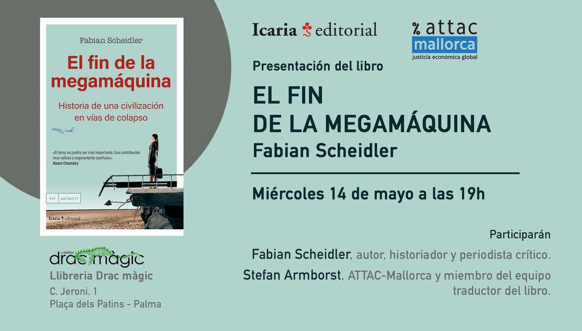Icaria Editorial (@icariaeditorial) on Twitter photo El próximo miércoles 14 de mayo <a href="/ScheidlerFabian/">Fabian Scheidler</a> en la Llibrería Drac màgic de Palma de Mallorca. El próximo miércoles 14 de mayo <a href="/ScheidlerFabian/">Fabian Scheidler</a> en la Llibrería Drac màgic de Palma de Mallorca.