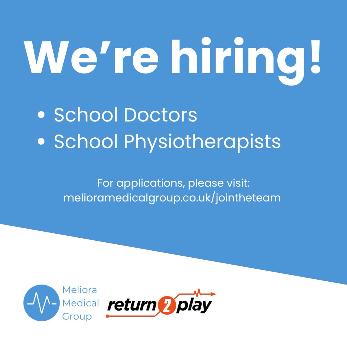 We’re hiring #SchoolDoctors and #SchoolPhysiotherapists! Apply via Meliora Medical Group’s LinkedIn job ads or visit melioramedicalgroup.co.uk/jointheteam.

We look forward to hearing from you!
#MelioraMedicalGroup #PhysiotherapistJobs #SchoolDoctorJobs