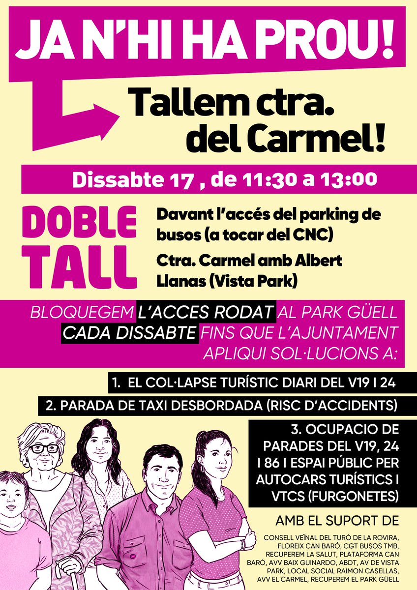 ⚠️Dissabte 17, i la resta de dissabtes de maig als 3 Turons diem PROU i tallem l'accés rodat al Park Güell d'11:30 a 13h!

😡Ens han robat el dret al transport públic, les parades i aparcaments, i, fins i tot, la seguretat en circular per ctra del Carmel.