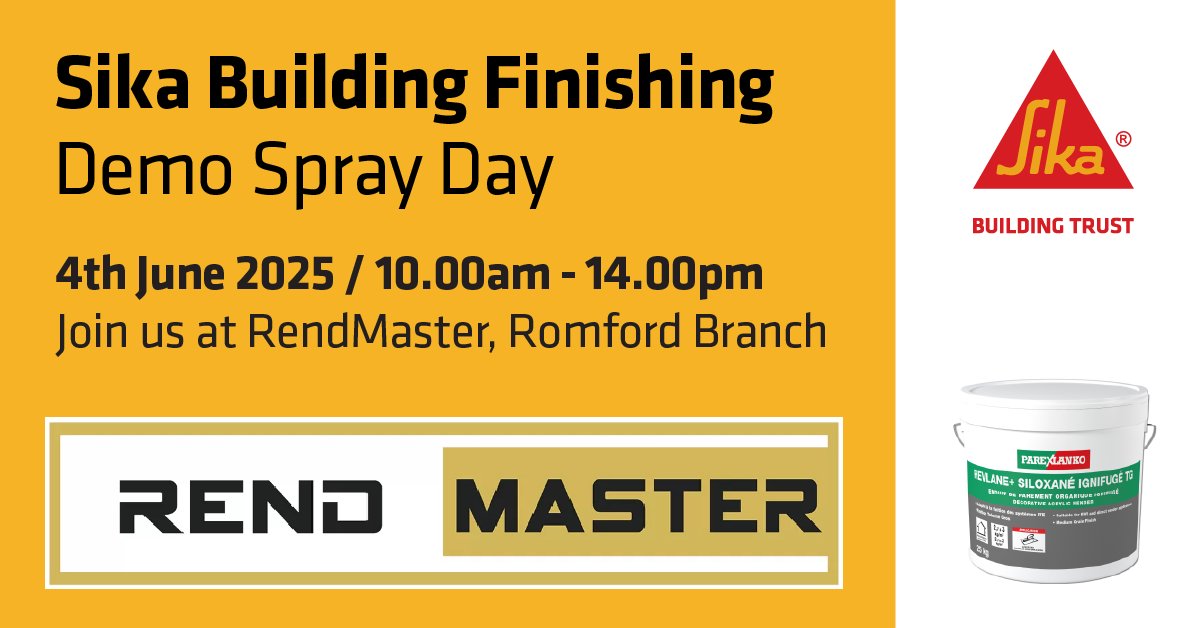 📢 Demo Day with Sika Building Finishing at RendMaster's Romford branch.

🌈Live demonstrations of our quality thin coat renders
📅Wednesday 4th June 2025 from 10:00am - 14:00pm
📍Location: Unit 5, Ashton Gate, Ashton Road, Romford, RM3 8UF