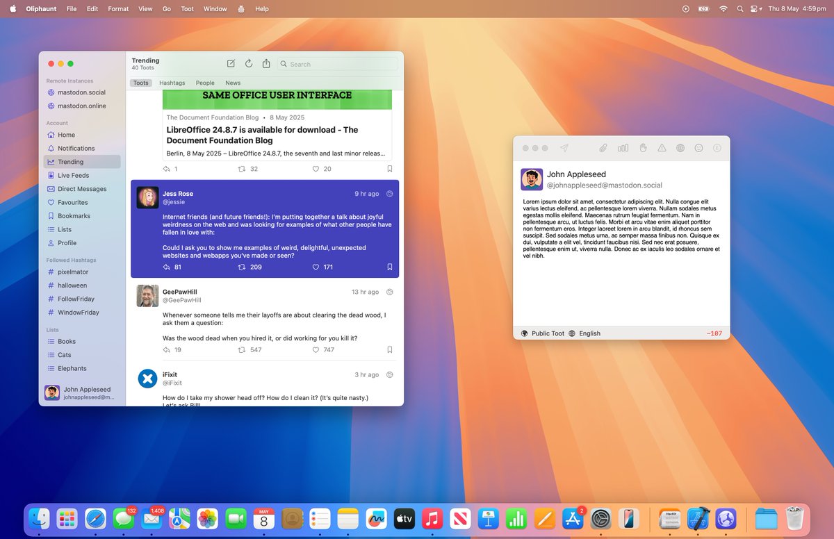 anosidium's tweet image. #Oliphaunt is now available on #TestFlight.
You can try the macOS Mastodon client here: testflight.apple.com/join/Epq1P3Cw

Please note it’s a work-in-progress. I’d appreciate any feedback — feel free to share your thoughts here: github.com/anosidium/Olip…

#Cocoa #AppKit #Swift #macOS #MacDev