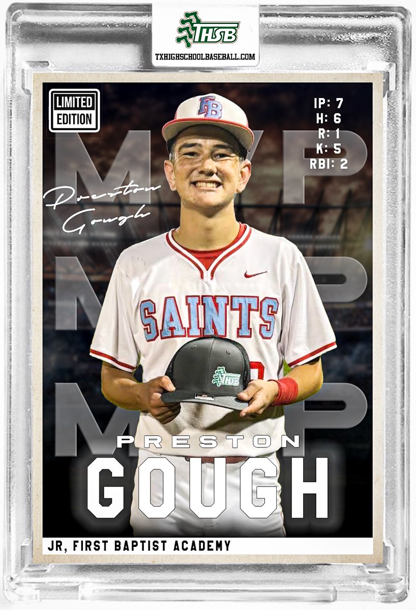 TAPPS Division 5 State Semifinal
First Baptist Academy 6
Ovilla Christian 1
Preston Gough named THSB MVP
See articlehttps://txhighschoolbaseball.com/featured_news/first-baptist-academy-cruises-to-state-championship-with-6-1-over-ovilla-christian/
<a href="/PSTxHSBaseball/">PrivateTxHSBaseball ⚾️🎙</a> <a href="/TAPPSbiz/">TAPPS</a>