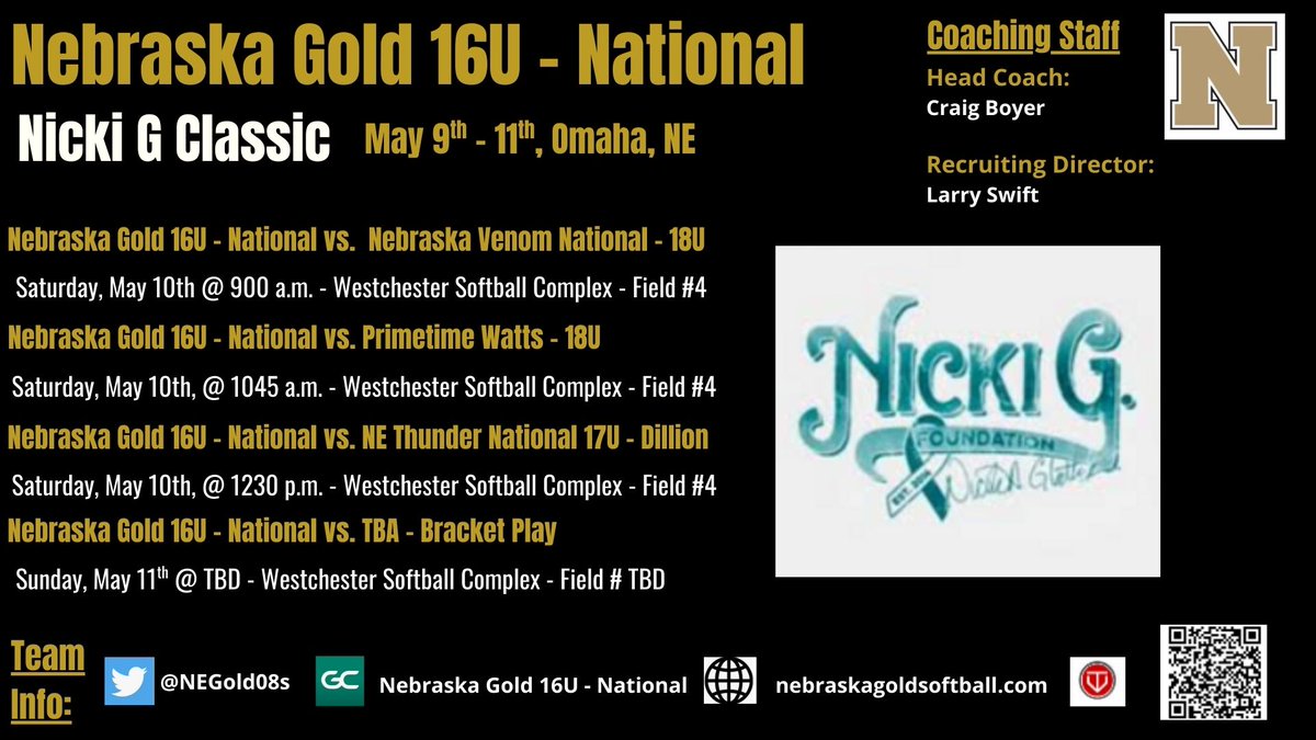 Nebraska Gold 16U - National (@negold08s) on Twitter photo If there's only 1 tournament we get to play in Omaha this season...it only makes sense to make it the one that is most closest to our ❤️!
The <a href="/NickiG_FDN/">Nicki G. Foundation</a> tournament means so much to so many special people who've made it a mission to help make a difference in the fight against If there's only 1 tournament we get to play in Omaha this season...it only makes sense to make it the one that is most closest to our ❤️!
The <a href="/NickiG_FDN/">Nicki G. Foundation</a> tournament means so much to so many special people who've made it a mission to help make a difference in the fight against