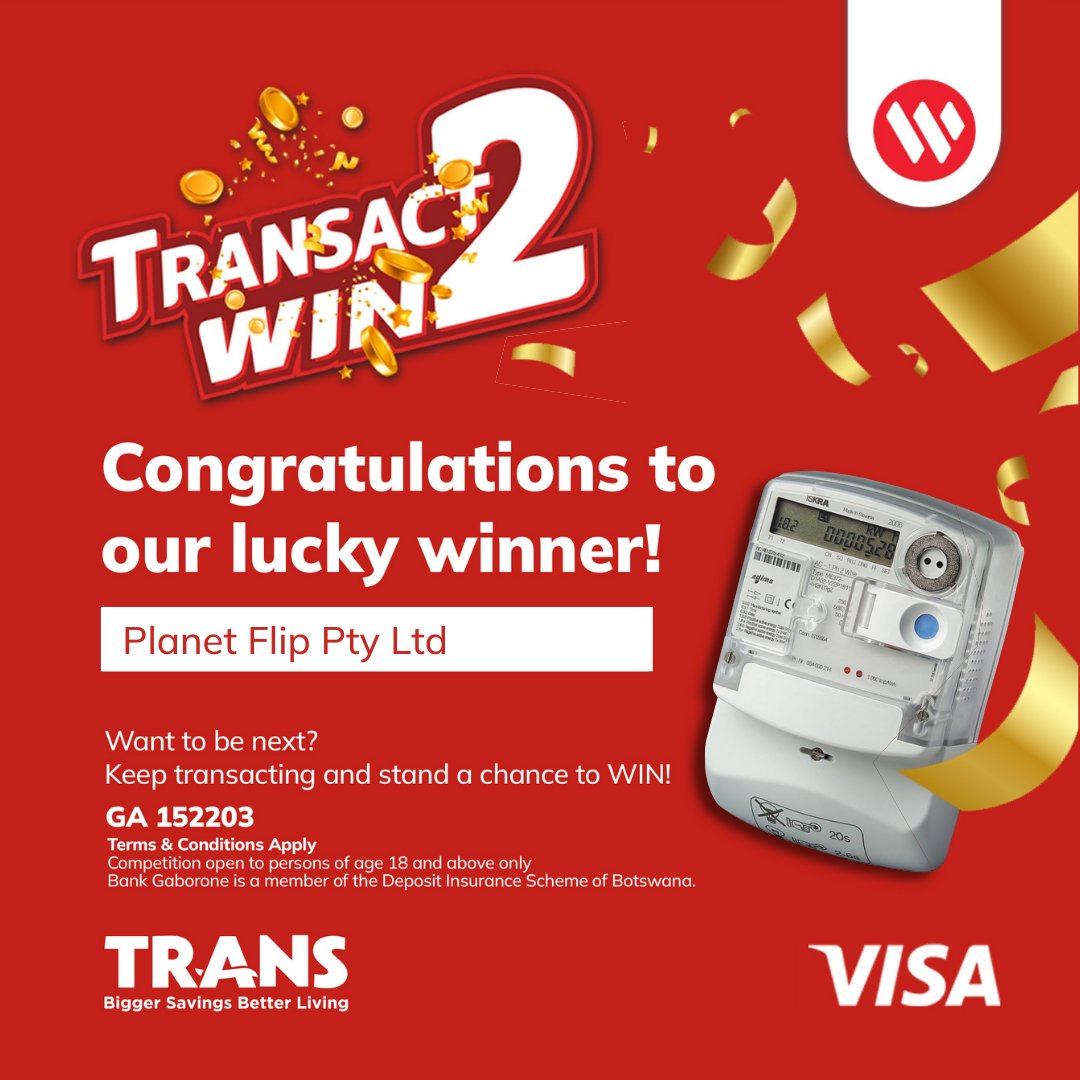 Congratulations to our lucky winners this week! 🎉

Obusitse Maleho — Trolley Dash worth P3,000
Davrho (Pty) Ltd — Electricity worth P2,000
 
For more information, call +267 3158681.
GA 152203
#BankGaborone
#TheRedBank
#NextLevelBanking
#Transact2Win