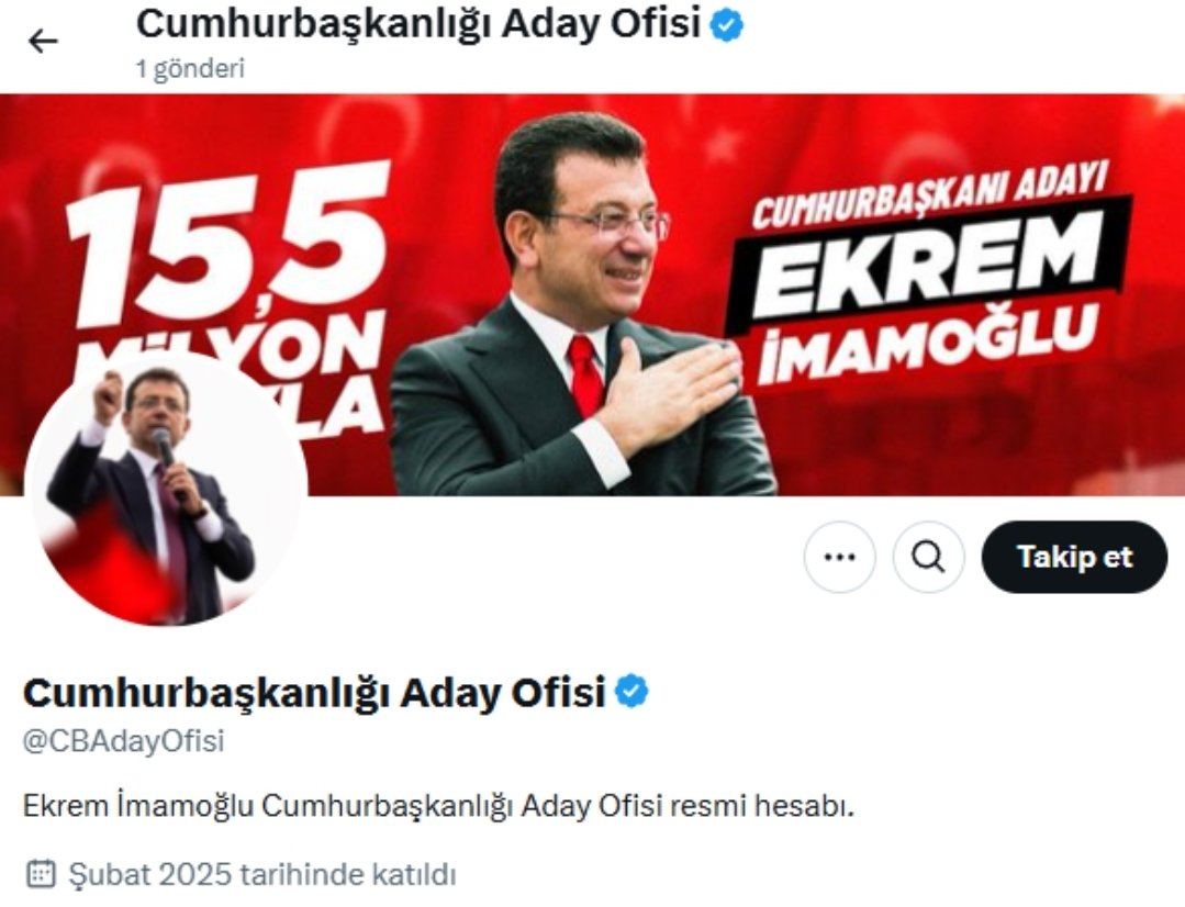 Ekrem İmamoğlu Cumhurbaşkanlığı Aday Ofisi resmi hesabı açıldı.

<a href="/CBAdayOfisi/">Cumhurbaşkanlığı Aday Ofisi</a>