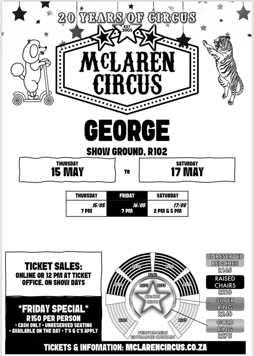 mclarenscircus's tweet photo. Book online for @mclarenscircus Amazing 2025 Show in #George from Thursday to Saturday πͺππ¦π΄ππ₯³β€οΈ
#EdenDistrict #GardenRoute #Hartenbos #Hessequa #Knysna #MosselBay #Oudtshoorn #Outeniekwa #Sedgefield #Suidkaap #Weskaap #WesternCape
Buy Tickets Online: https://t.co/HQwmHT6gmq https://t.co/flMH4KRm1j