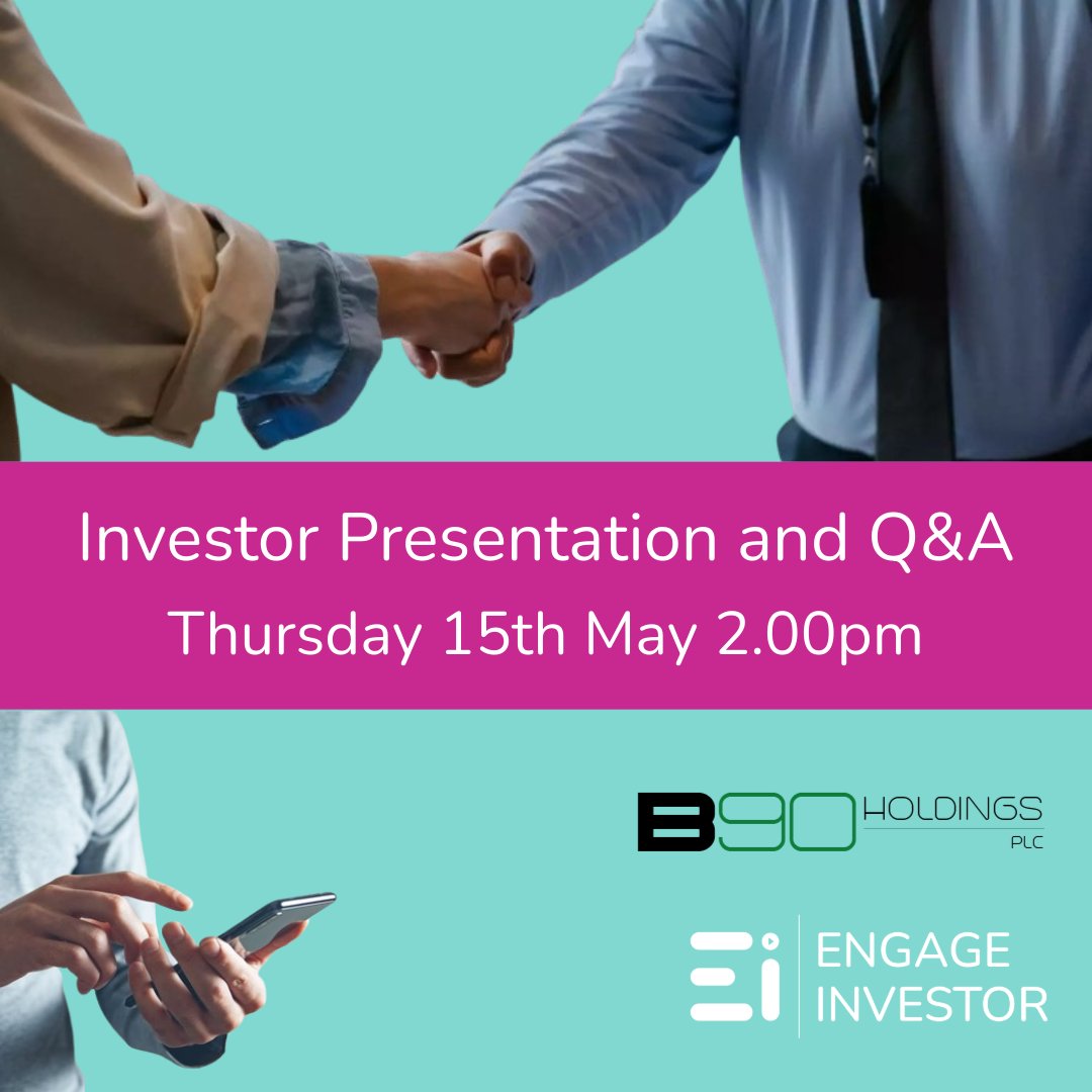 📢 Next week 📢

Join the management team from B90 Holdings for an investor presentation followed by Q&amp;A

If you are a current or prospective investor, this is your chance to ask your questions!

Register now 👇👇👇

engageinvestor.news/B90_IP25