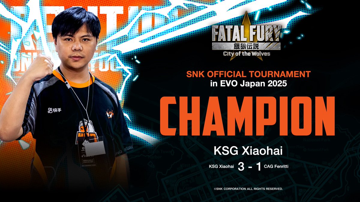 🏆<a href="/Xiaohai_/">曾卓君</a>🏆

is your FATAL FURY: City of the Wolves SNK Official Tournament in EVO Japan 2025 Champion!!!

#SNKEsports #COTW