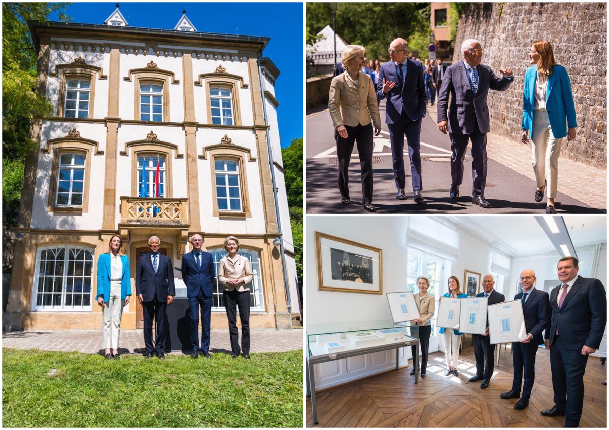 Roberta Metsola (@ep_president) on Twitter photo With <a href="/LucFrieden/">Luc Frieden</a>, <a href="/eucopresident/">António Costa</a> and <a href="/vonderleyen/">Ursula von der Leyen</a>, honouring the legacy of the Father of Europe Robert Schuman in Luxembourg.
Europe needs more of the visionary spirit and dedication Schuman had 75 years ago.
For a continent united in peace, solidarity & prosperity.
#EuropeDay With <a href="/LucFrieden/">Luc Frieden</a>, <a href="/eucopresident/">António Costa</a> and <a href="/vonderleyen/">Ursula von der Leyen</a>, honouring the legacy of the Father of Europe Robert Schuman in Luxembourg.
Europe needs more of the visionary spirit and dedication Schuman had 75 years ago.
For a continent united in peace, solidarity & prosperity.
#EuropeDay