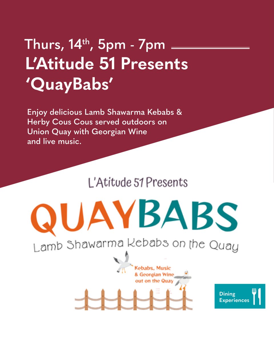 L'Atitude is hosting a fabulous event on Thursday, August 14th outdoors on Union Quay.  You’ll enjoy delicious Lamb Shawarma Kebabs &amp; Herby Cous Cous with Georgian wine and live music. Kicking off at 5pm, it’s the perfect evening in Cork.

Email info@latitude51.ie to book!