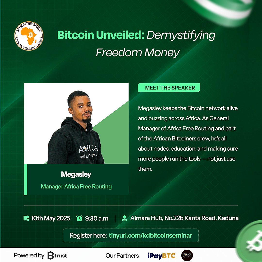 African Bitcoiners โก (@afribitcoiners) on Twitter photo Meet Megasley โ The Node King of Africa!
Weโre beyond hyped to announce <a href="/megasley/">Megasleyโก</a>, General Manager at <a href="/FreeRoutingAf/">Africa Free Routing โก</a>, as one of our speakers for the Kaduna Seminar!
By practically running nodes and managing Africa Free Routing, Megasley is actively securing the Bitcoin network Meet Megasley โ The Node King of Africa!
Weโre beyond hyped to announce <a href="/megasley/">Megasleyโก</a>, General Manager at <a href="/FreeRoutingAf/">Africa Free Routing โก</a>, as one of our speakers for the Kaduna Seminar!
By practically running nodes and managing Africa Free Routing, Megasley is actively securing the Bitcoin network