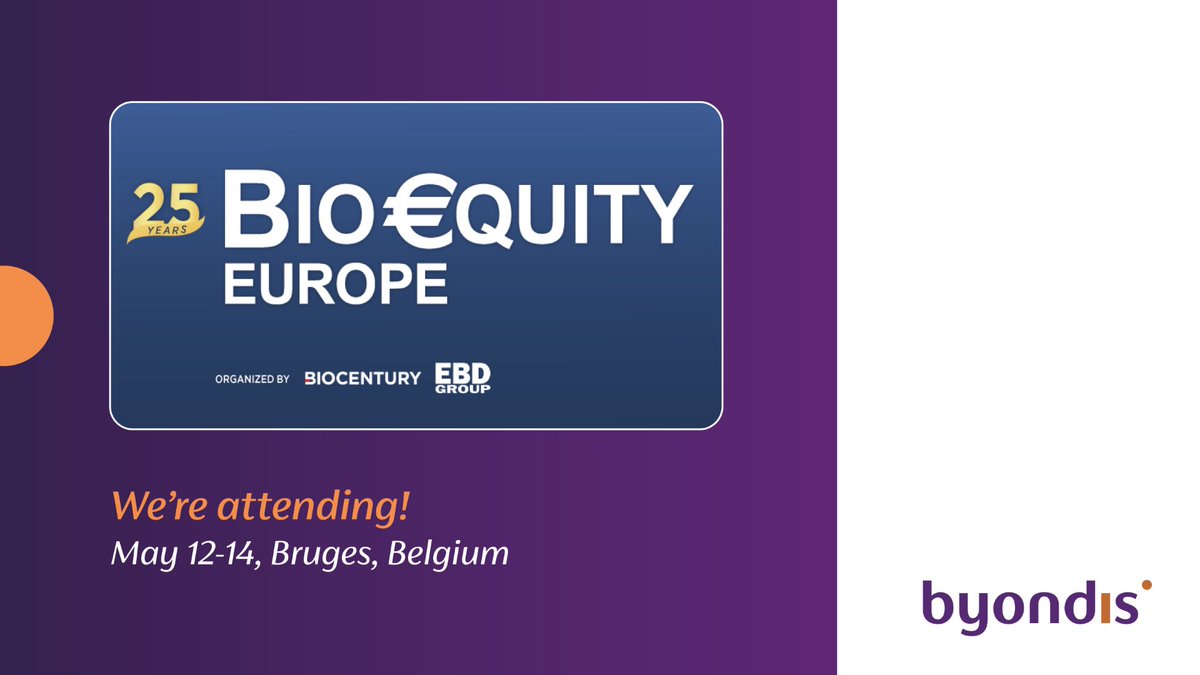 Our CEO &amp; Founder, Jacques Lemmens, &amp; Chief Business Officer, Christoph Korpus, will be attending BioEquity Europe in Bruges, Belgium May 12-14th.
 👉If you are interested in learning more or would like to connect: BD@Byondis.com 
#BioEquityEurope #OncologyResearch #Oncology