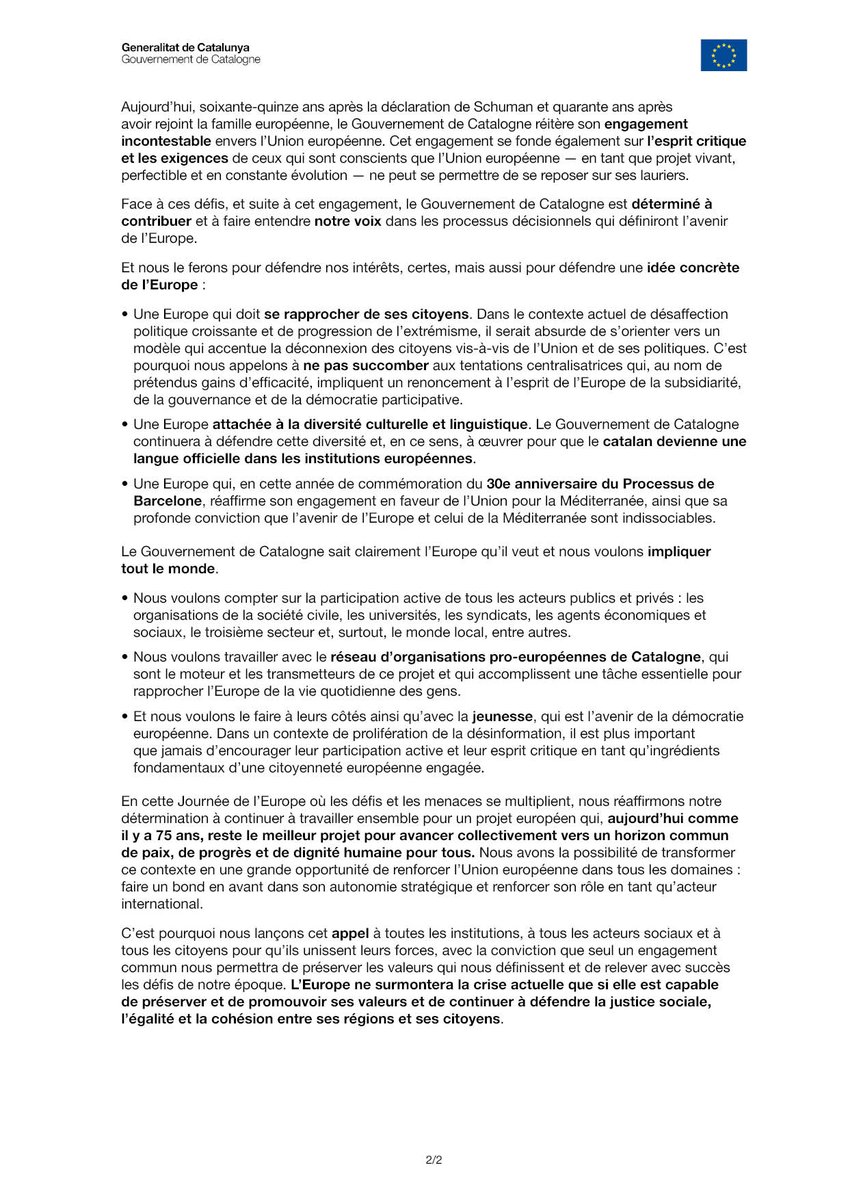 مندوبية حكومة كطالونيا في شمال أفريقيا (@catalonia_tn) on Twitter photo 🇪🇺 Aujourd'hui, le Gouvernement de Catalogne se joint à la célébration de la #JournéedelEurope avec cette déclaration institutionnelle
La Délégation du <a href="/govern/">Govern de Catalunya</a> de Catalogne en Afrique du Nord a partagé cette déclaration avec ses contacts institutionnels
exteriors.gencat.cat/fr/ambits-dact… 🇪🇺 Aujourd'hui, le Gouvernement de Catalogne se joint à la célébration de la #JournéedelEurope avec cette déclaration institutionnelle
La Délégation du <a href="/govern/">Govern de Catalunya</a> de Catalogne en Afrique du Nord a partagé cette déclaration avec ses contacts institutionnels
exteriors.gencat.cat/fr/ambits-dact…