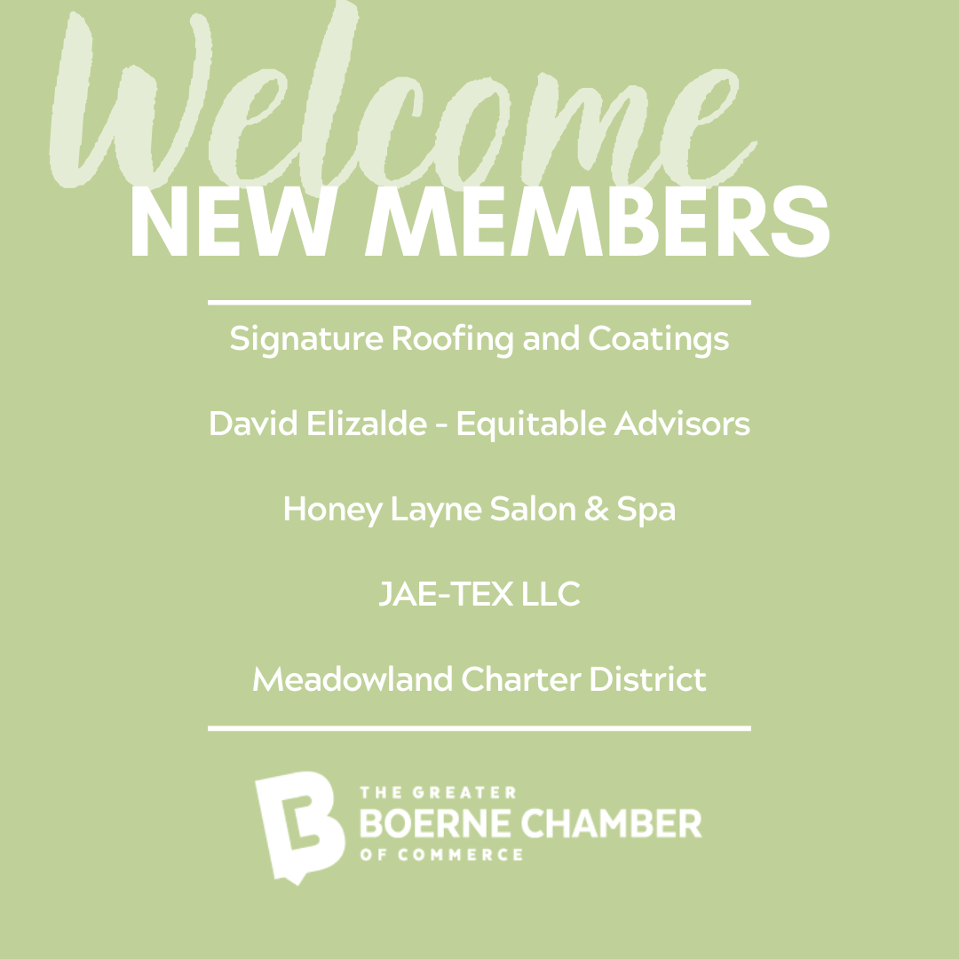 We’re thrilled to welcome a fantastic group of businesses to the Greater Boerne Chamber of Commerce today!🥳

Welcome to the Chamber!
🌟- Signature Roofing &amp; Coatings
🌟- David Elizalde - Equitable Advisors
🌟- Honey Layne Salon &amp; Spa
🌟- JAE-TEX
🌟- Meadowland Charter District