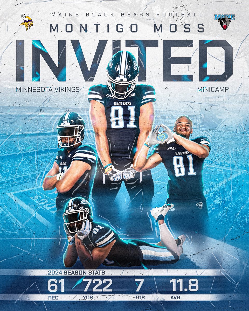 Maine Football (@blackbearsfb) on Twitter photo Good luck to <a href="/Montigo_moss/">Montigo Navari Moss</a> at this weekend’s <a href="/Vikings/">Minnesota Vikings</a> rookie minicamp!
#BlackBearNation | ⬆️ Good luck to <a href="/Montigo_moss/">Montigo Navari Moss</a> at this weekend’s <a href="/Vikings/">Minnesota Vikings</a> rookie minicamp!
#BlackBearNation | ⬆️