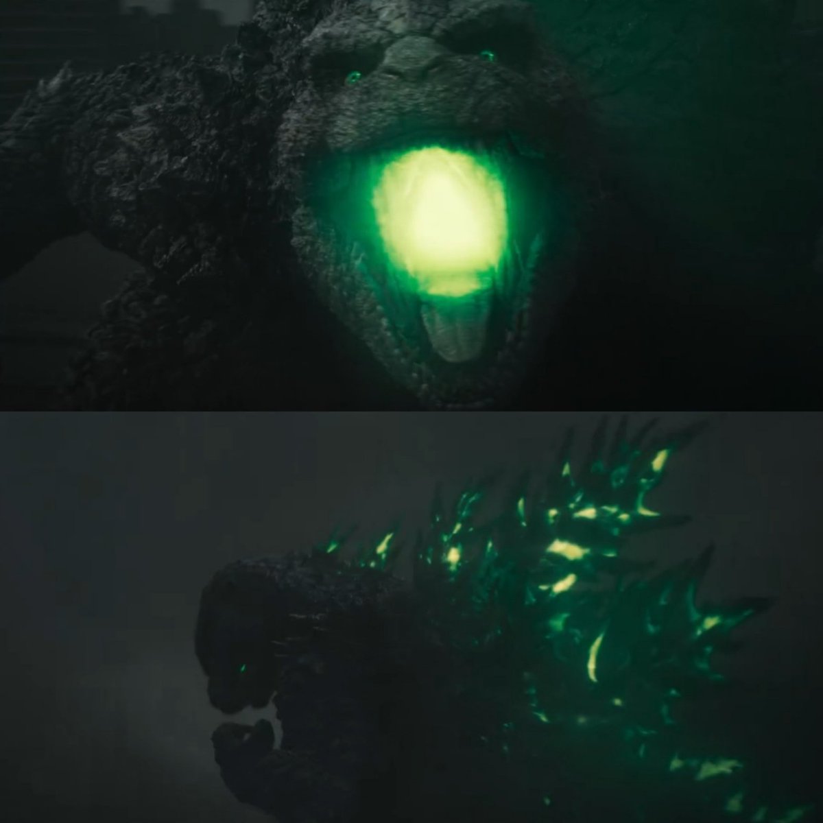 Godzilla with green atomic breath from an official new 70th anniversary special trailer.