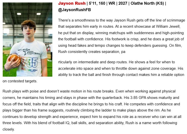 Thank you Six Star Football for the write up and recognition!

<a href="/sixstarfootball/">Six Star Football | PLUS+</a> <a href="/6starfootballKS/">Six Star Football | KANSAS</a> <a href="/6starfootballMO/">Six Star Football | MISSOURI</a> <a href="/ONeaglesFB/">Olathe North FB</a> <a href="/BCfootballHF/">Building Champions Football Academy</a> <a href="/CoachPoe1914/">Coach Poe *Trenches Reloaded *</a> <a href="/TrckFtblrecruit/">Tracking Football Recruiting</a> <a href="/pierre_tucker/">Pierre Gee-Tucker</a> <a href="/1ofGodsoldiers/">Craig James</a> <a href="/_elitespeed/">Elite Speed⚡️</a> <a href="/SherandJ/">Sherand Boyd Jr</a>