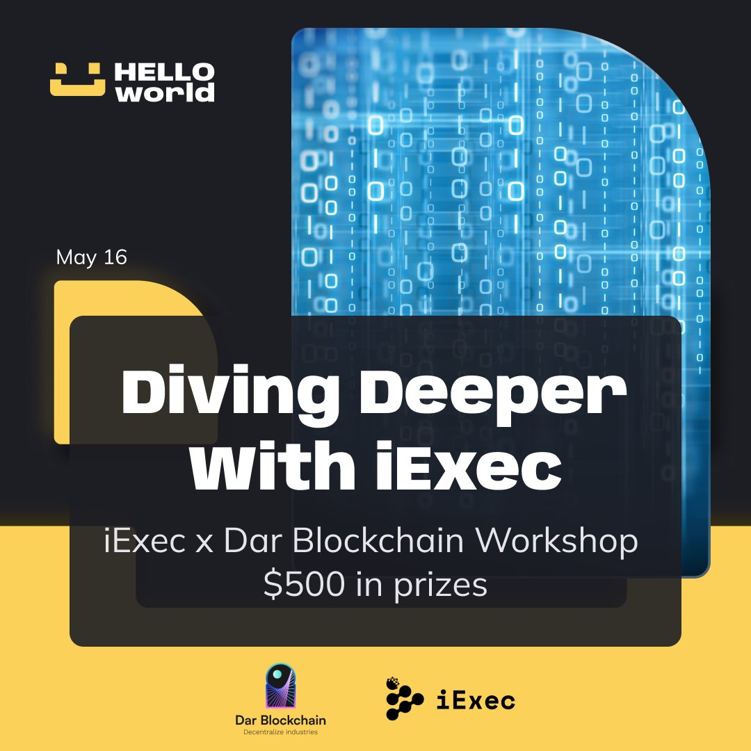 session 2 of the iExec &amp; <a href="/DarBlockchain/">Dar Blockchain</a>  workshop is coming up. ⚡️we’ll show you how to run tasks using iExec’s server setup:

🎁 $500 total 
🗓️ May 16th |  4 PM UTC+1

join our discord: discord.com/invite/jpYdeJy…