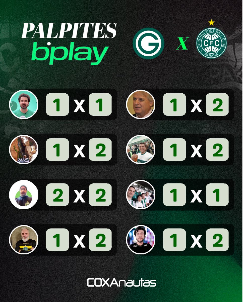 COXAnautas, com o Coritiba (@coxanautas) on Twitter photo PALPITES BPLAY 🎰
Confira os palpites dos membros da equipe do COXAnautas para o jogo contra o Goiás.
Faça sua aposta na <a href="/bplay_br/">bplay Brasil</a> a BET parceira do COXAnautas e dos paranaenses.
🎰 E lembre-se, jogue com responsabilidade.
🔞 Proibido para menores de 18 anos. PALPITES BPLAY 🎰
Confira os palpites dos membros da equipe do COXAnautas para o jogo contra o Goiás.
Faça sua aposta na <a href="/bplay_br/">bplay Brasil</a> a BET parceira do COXAnautas e dos paranaenses.
🎰 E lembre-se, jogue com responsabilidade.
🔞 Proibido para menores de 18 anos.