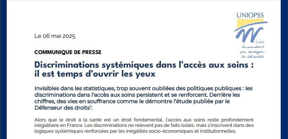 📢Discrimination dans l'accès aux soins : l'Uniopss appelle à une réponse politique forte et structurelle ! 
💡L’Uniopss a contribué au rapport publié le 6 mai par le Défenseur des droits concernant les discriminations dans les soins.
CP et contribution➡️ buff.ly/4uWVLL4