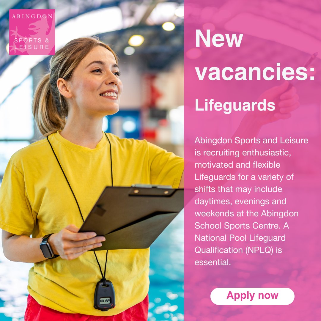 We are recruiting enthusiastic, motivated and flexible Lifeguards for a variety of shifts that may include daytimes, evenings and weekends at the Abingdon School Sports Centre. A National Pool Lifeguard Qualification (NPLQ) is essential.

Click to apply: ow.ly/k2vV50VQ3Hs