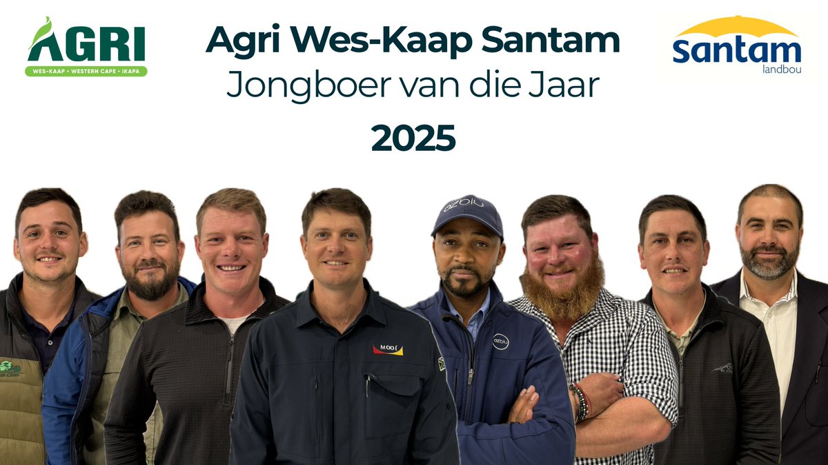 Ontmoet ons Agri Wes-Kaap Santam Jongboer van die Jaar 2025 finaliste: 

Hermann Heins, Mario Lombard, Jaco Bruwer, Francois Rossouw, Musa Mfengu, Gordon Anderson, Andrè Swanepoel en Niel Bruwer.  

Hou die spasie dop waar ons elkeen gaan voorstel 🧑🏻‍🌾🌱🚜

#AgriWesKaap