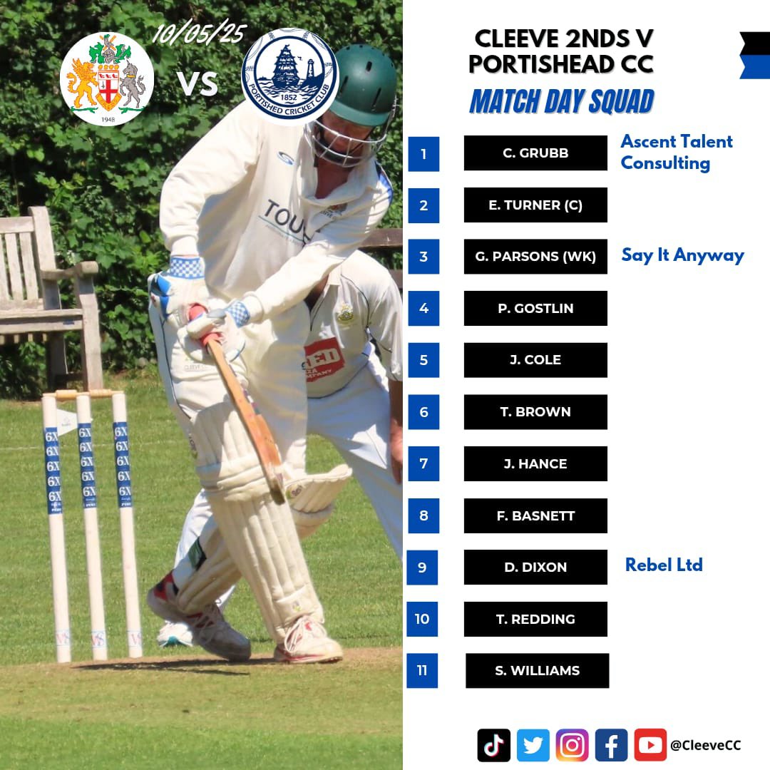 Cleeve CC (@cleevecc) on Twitter photo Teams for this Saturday
1’s (A) v <a href="/DownendCricket/">Downend Cricket Club</a>
2’s (H) v <a href="/Portishead_CC/">Portishead Cricket Club 🏏</a> Teams for this Saturday
1’s (A) v <a href="/DownendCricket/">Downend Cricket Club</a>
2’s (H) v <a href="/Portishead_CC/">Portishead Cricket Club 🏏</a>