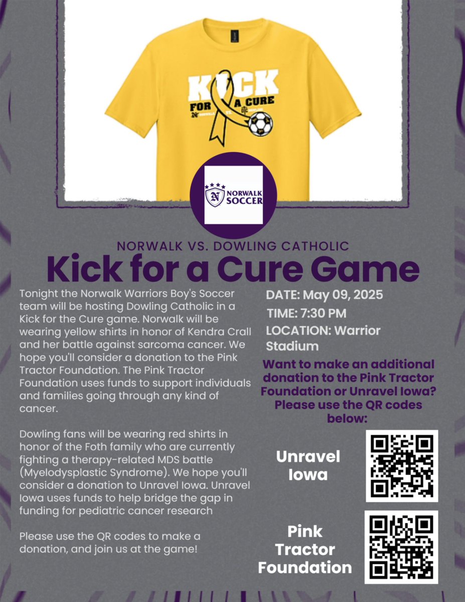 Norwalk Boys Soccer (@nhsboyssoccer) on Twitter photo Tonight is our Kick for a Cure game with <a href="/DCHSBoysSoccer/">Dowling Catholic Boys Soccer</a>! Families of both teams are currently battling cancer and we hope to raise awareness and funds for each school's charity! Each team raised over $400 with t-shirt sales, we hope you'll consider an additional donation! Tonight is our Kick for a Cure game with <a href="/DCHSBoysSoccer/">Dowling Catholic Boys Soccer</a>! Families of both teams are currently battling cancer and we hope to raise awareness and funds for each school's charity! Each team raised over $400 with t-shirt sales, we hope you'll consider an additional donation!