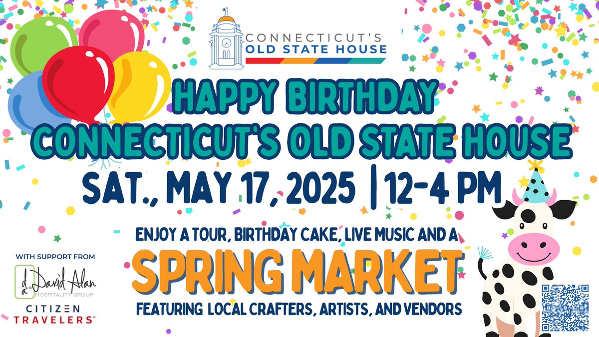 Join us on Sat., May 17th, from 12-4 pm at this historic landmark for live music and cake from Brown Butter bakery. Enjoy a spring market featuring CT-made crafters. Bring a friend, a date, or the entire family! FREE admission. RSVP here bit.ly/CTOSHbirthday2… #CTOldStateHouse
