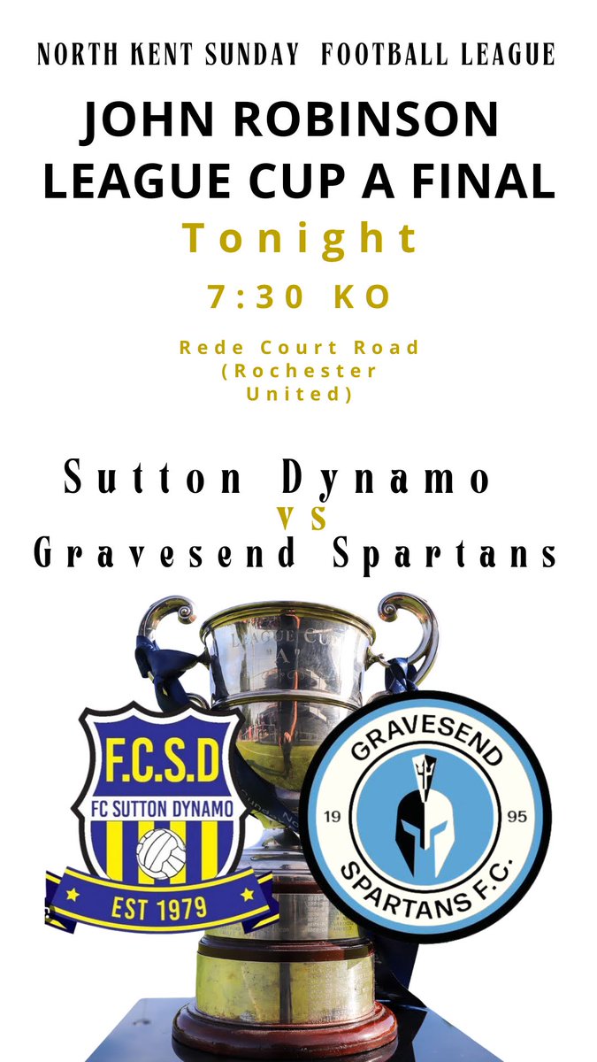 Tonight....the LCA Final Sutton Dynamo Vs Gravesend Spartans at Rochester United FC 
7:30pm KO