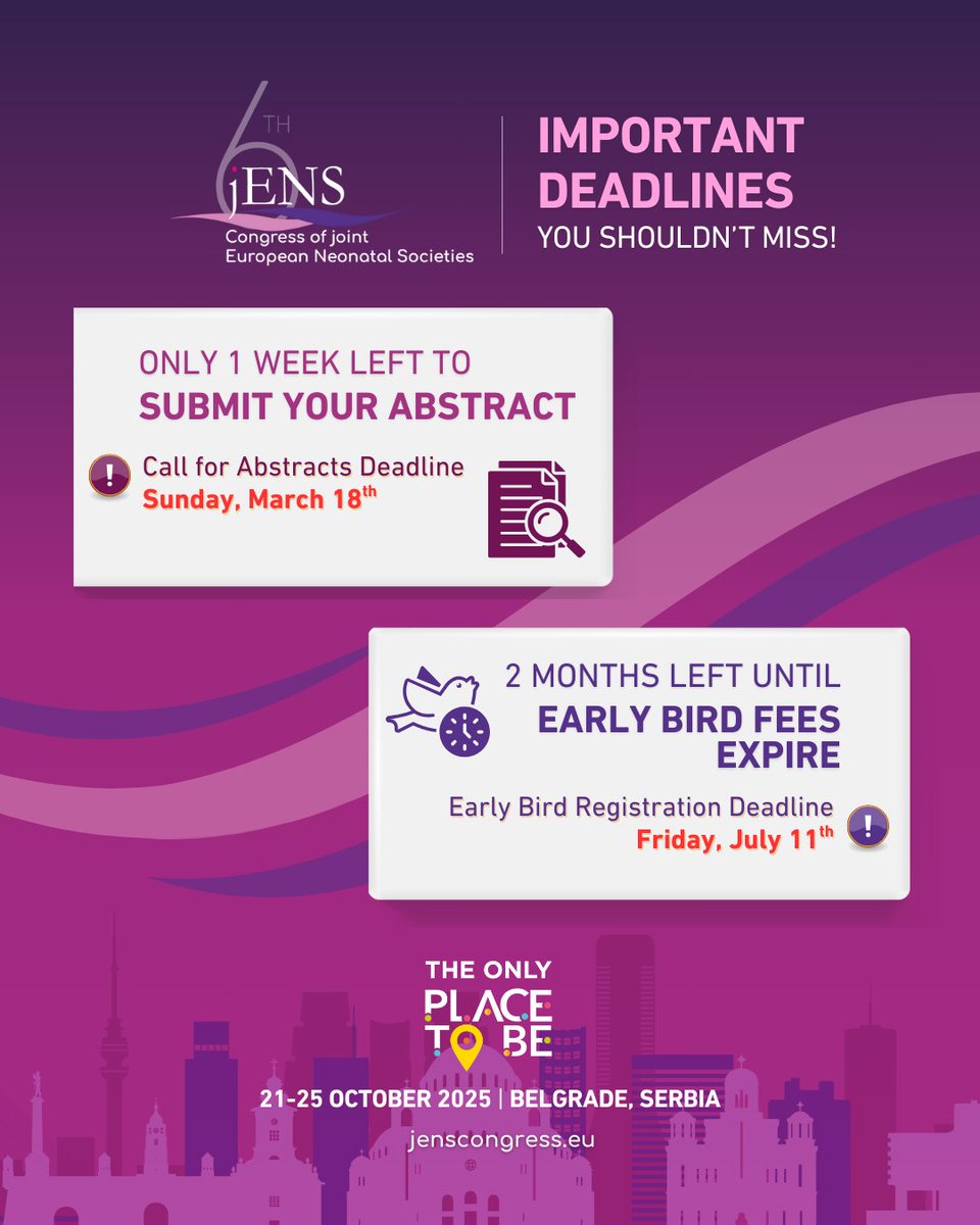 JENS_Congress's tweet image. Last 1 week to finalize and submit your abstract for presentation at #jENScongress - THE #Neonatology Congress of 2025!
📣No registration needed to submit!
Grants and Awards await for you✅: bit.ly/jENS-ABSTRACT
Register here👉 bit.ly/jENS-REGISTRAT…
@ESPR_ESN