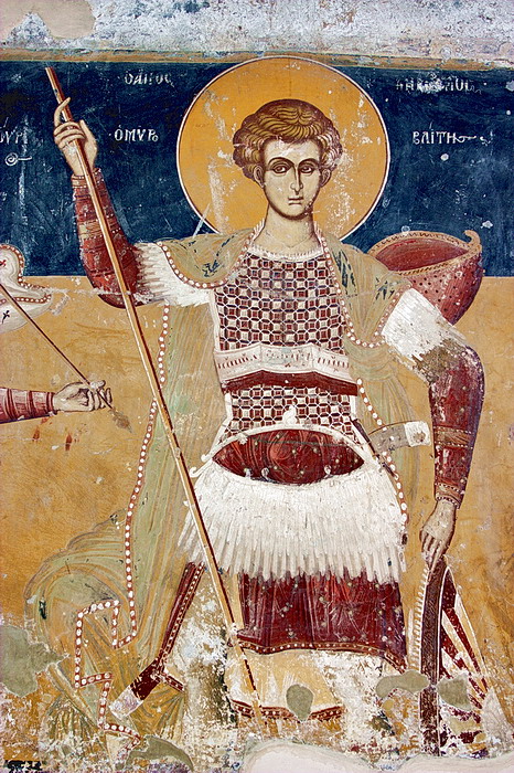 Macedonicon's tweet image. A fresco of St. Demetrius bearing the sun shield at the monastery of Zrze, Prilepsko.