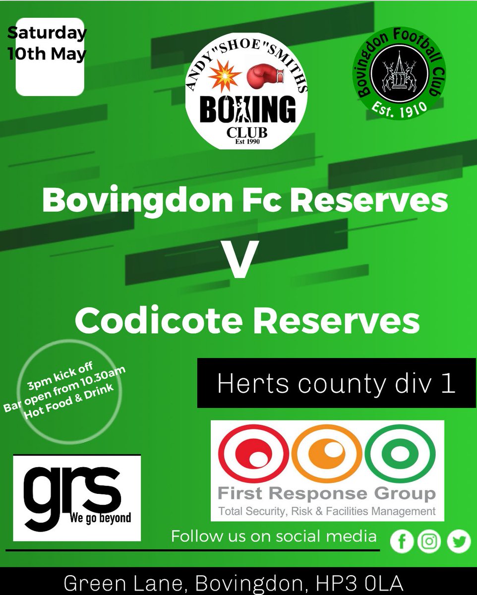 Bovingdon Football Club (@bovingdonfc) on Twitter photo Back to back games at the club tomorrow as the firsts host <a href="/OldBradwellUtd/">Old Bradwell United</a> 12pm kick off and then the reserves play <a href="/FC_Codicote/">Codicote FC Est 1913</a> reserves 3pm kick off ⚽️💚
Bar open from 12pm hot & cold food available £3 entry ⚽️💚 Back to back games at the club tomorrow as the firsts host <a href="/OldBradwellUtd/">Old Bradwell United</a> 12pm kick off and then the reserves play <a href="/FC_Codicote/">Codicote FC Est 1913</a> reserves 3pm kick off ⚽️💚
Bar open from 12pm hot & cold food available £3 entry ⚽️💚