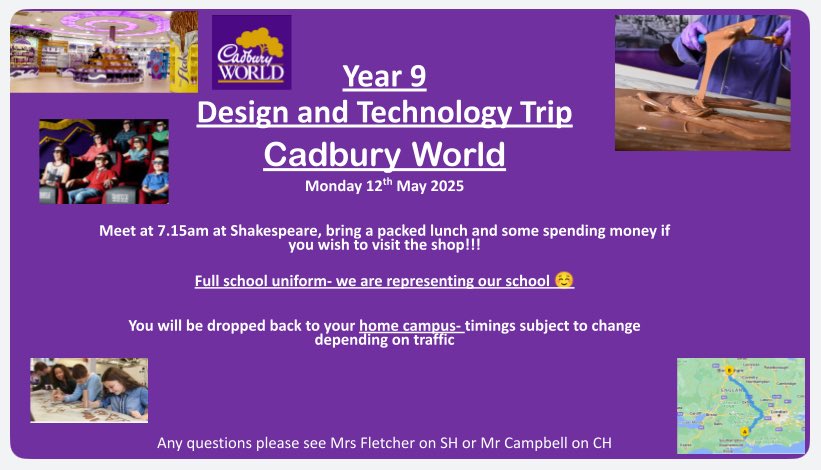 IMPORTANT CADBURY WORLD TRIP INFO 
<a href="/mrssfletch/">Mrs Fletcher</a>