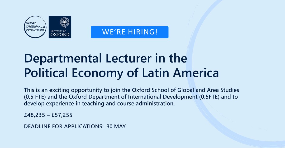 ODID (@odid_qeh) on Twitter photo Job opportunity!
We are hiring a Departmental Lecturer in the Political Economy of Latin America.
This is a joint appointment with <a href="/OSGAOxford/">Oxford School of Global & Area Studies</a>
Full details and to apply: my.corehr.com/pls/uoxrecruit… Job opportunity!
We are hiring a Departmental Lecturer in the Political Economy of Latin America.
This is a joint appointment with <a href="/OSGAOxford/">Oxford School of Global & Area Studies</a>
Full details and to apply: my.corehr.com/pls/uoxrecruit…