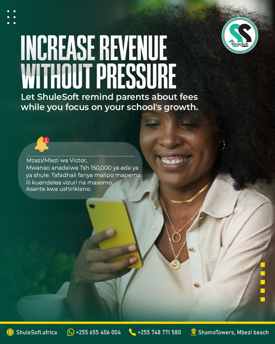 Increase Revenue Without Chasing Parents!
Let ShuleSoft handle fee reminders, so you focus on what truly matters - growing your school and empowering learners.

✅ Jion for free at shulesoft.africa

#ShuleSoft 
#SchoolLifeWithShuleSoft #MakingEffectivenessPossible