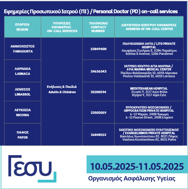 Ο Οργανισμός Ασφάλισης Υγείας ενημερώνει το κοινό για τα στοιχεία επικοινωνίας των υπηρεσιών εφημερίας Προσωπικού Ιατρού (ΠΙ), για το Σάββατο 10 Μαίου και την Κυριακή 11 Μαίου 2025, ανά επαρχία. Περισσότερες πληροφορίες: loom.ly/PkvJOHE