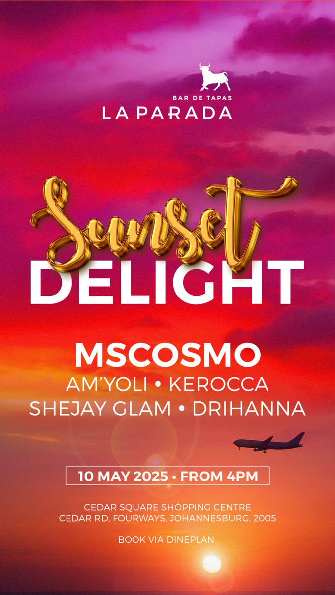 Weather looking very yum this weekend let’s meet for a #SunsetDelight with <a href="/MsCosmoSA/">MsCosmo</a> and my other favorite Djs who will be serving good sounds at La Parada Cedar Square tomorrow 10.05.2025

Festivities start at 4pm 🤭🤭