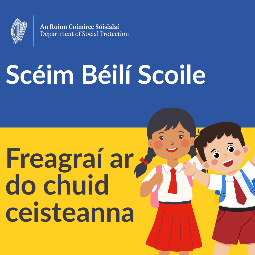 Scéim Béilí Scoile: Freagraí ar do chuid ceisteanna.

Le haghaidh tuilleadh eolais téigh chuig gov.ie/ga/an-roinn-co…