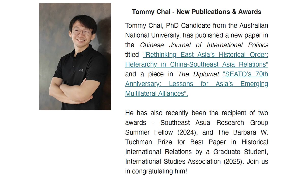 Tommy Chai (@tommychaish) on Twitter photo āØHonoured to be featured in the May issue of the LSEāSoutheast Asia Early Career Researcher Network Newsletter! Thank you <a href="/LSESEAC/">LSE Southeast Asia</a> ECR Network for spotlighting my work and fostering an inclusive scholarly community. #SoutheastAsia #GlobalIR #InternationalRelations āØHonoured to be featured in the May issue of the LSEāSoutheast Asia Early Career Researcher Network Newsletter! Thank you <a href="/LSESEAC/">LSE Southeast Asia</a> ECR Network for spotlighting my work and fostering an inclusive scholarly community. #SoutheastAsia #GlobalIR #InternationalRelations