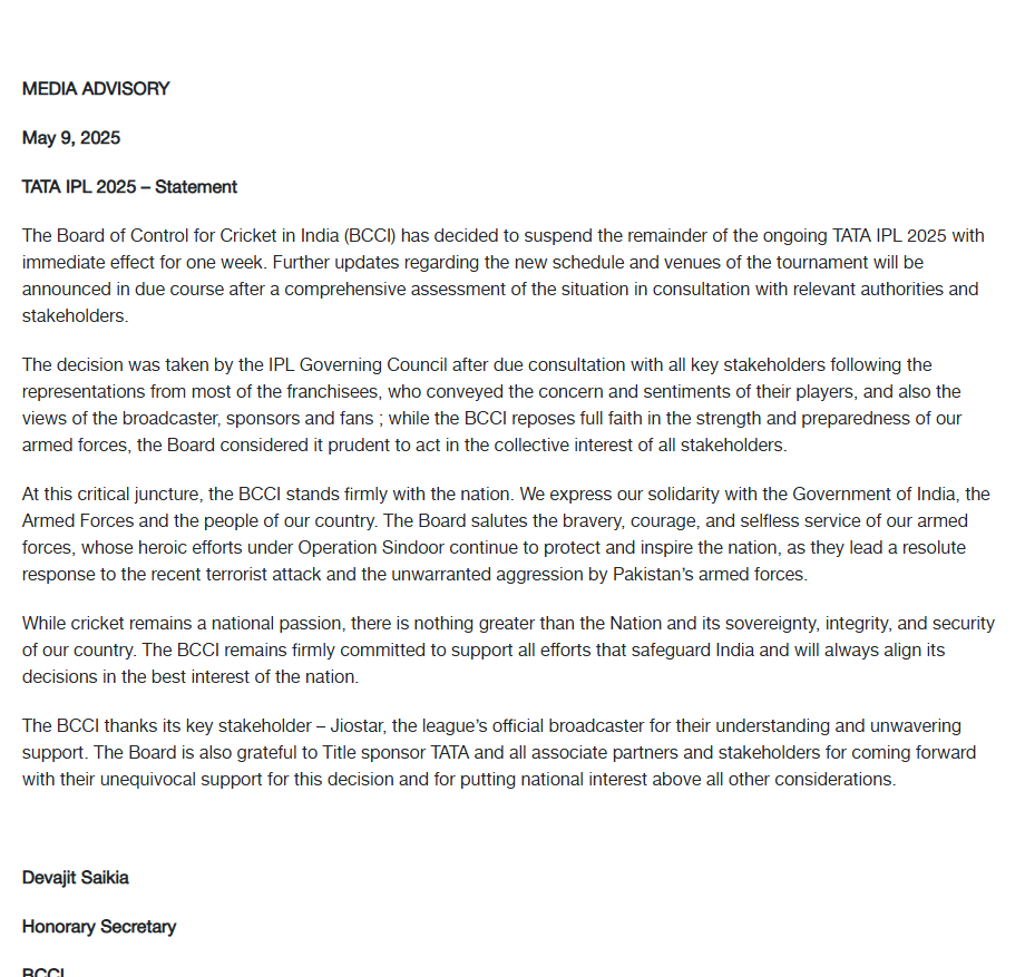 🚨The Board of Control for Cricket in India (BCCI) has decided to suspend the remainder of the ongoing TATA IPL 2025 with immediate effect for one week 🚨

#IPL2025 #IPLT20 #CricketTwitter