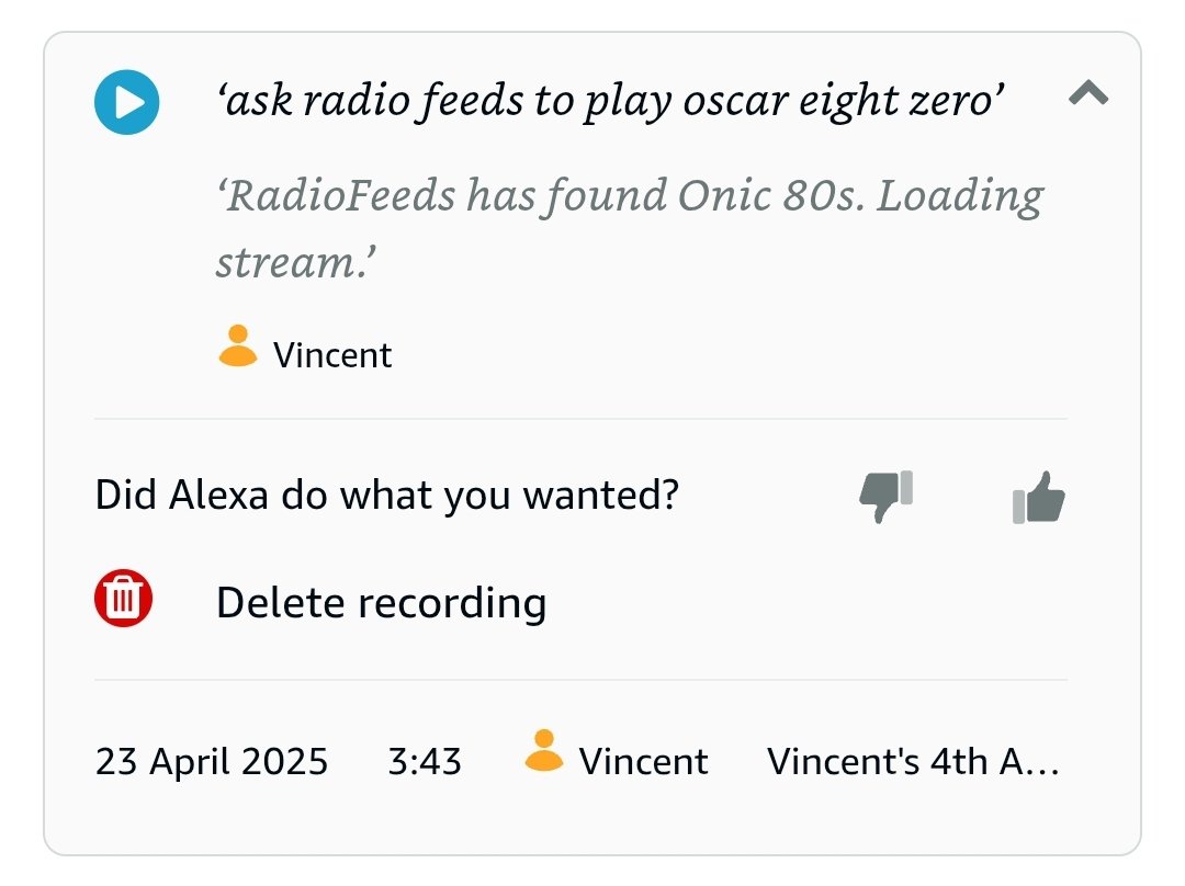 A tip to listen to Onic 80s on Alexa:
"Alexa, play Oscar Eighty / Oscar Eight Zero from RadioFeeds!"