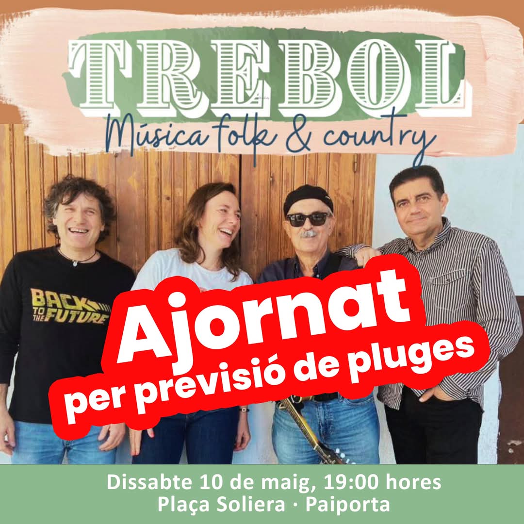 Auditori de Paiporta (@auditoripaiport) on Twitter photo Per previsió de pluges queda ajornat l'espectacle Trèbol - blues, folk & country programat per a dissabte 10 de maig, a les 19.00 h a la Pl. Soliera. Informarem de la nova data quan siga possible. Per previsió de pluges queda ajornat l'espectacle Trèbol - blues, folk & country programat per a dissabte 10 de maig, a les 19.00 h a la Pl. Soliera. Informarem de la nova data quan siga possible.