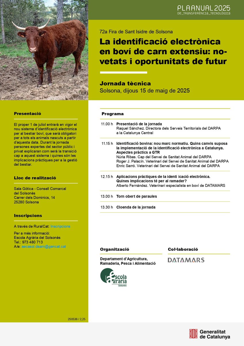 🐂 Si s’acosta la #FiraSantIsidreSolsona, vol dir que també arriba nova jornada tècnica! Aquesta vegada dedicada a les novetats i oportunitats derivades de la identificació electrònica en boví extensiu. 

📆 15/05
🕰️ 11-13:30 h
📝 Inscripcions a <a href="/ruralcat/">Ruralcat</a> 

#PATT2025 <a href="/CCSolsones/">Consell Comarcal del Solsonès</a>