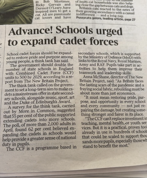 New Britain (@wearenewbritain) on Twitter photo Cadets give young people purpose, confidence and a sense of duty - but most state schools still donβt have one.
Coverage on pg3 of today's <a href="/thetimes/">The Times and The Sunday Times</a> of our call to double CCF units in state schools by the end of this parliament π Cadets give young people purpose, confidence and a sense of duty - but most state schools still donβt have one.
Coverage on pg3 of today's <a href="/thetimes/">The Times and The Sunday Times</a> of our call to double CCF units in state schools by the end of this parliament π
